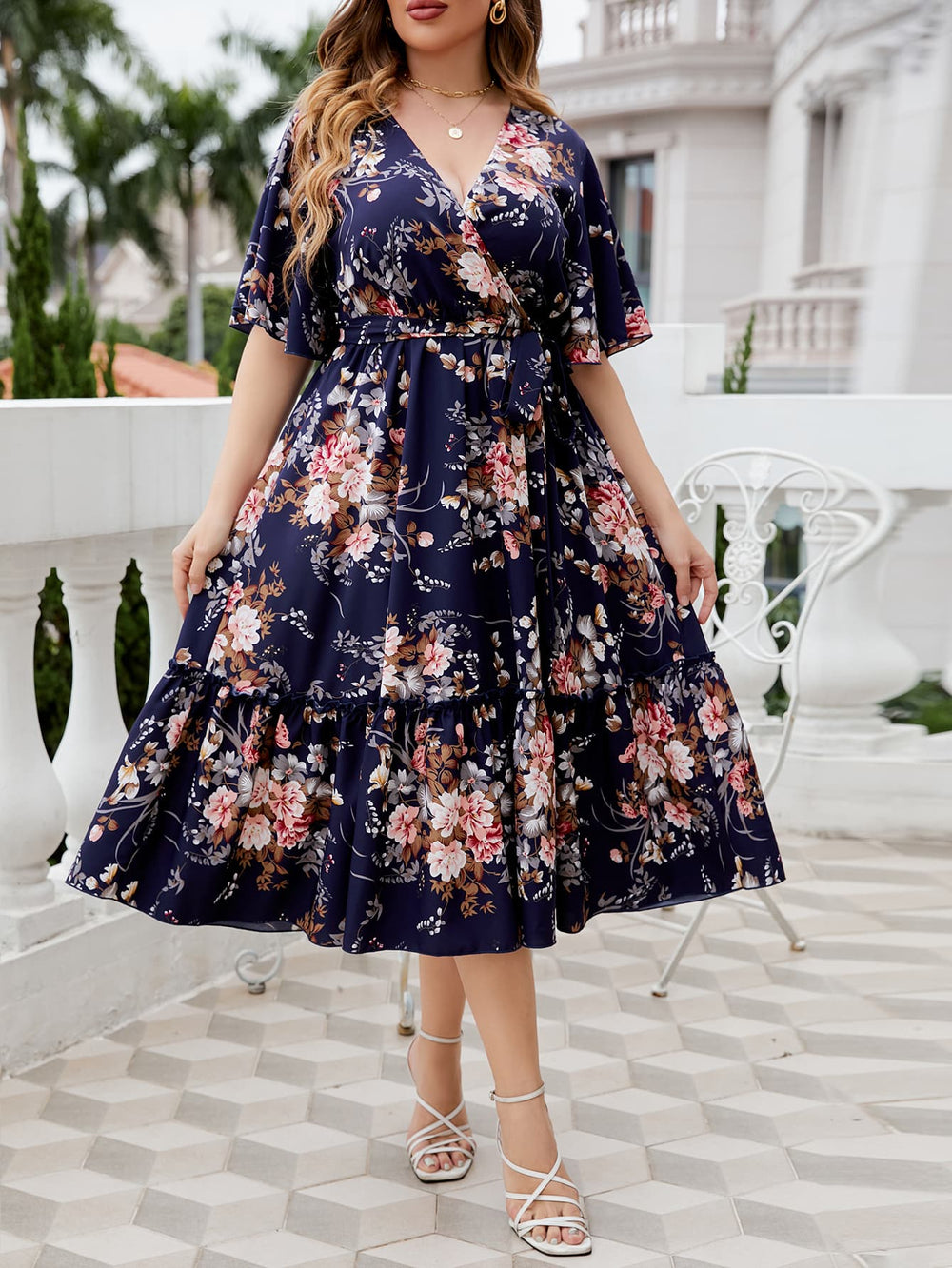 Plus Size Floral Surplice Neck Midi Dress Trendsi