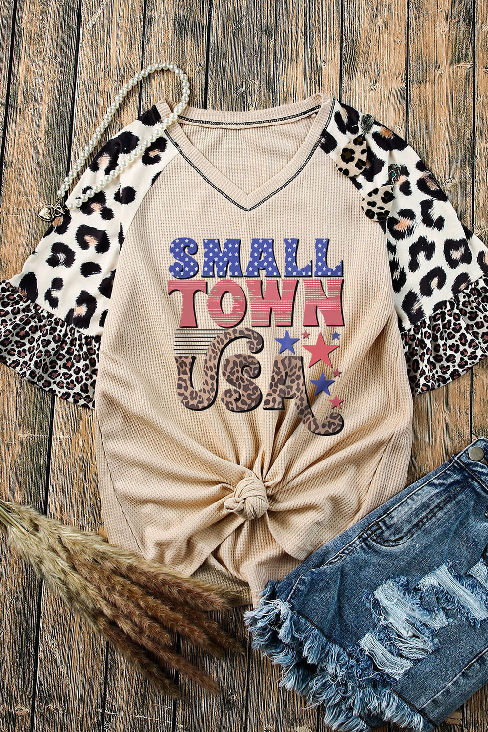 SMALL TOWN USA Graphic Leopard V-Neck Top Trendsi