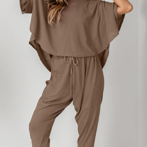 Round Neck Dropped Shoulder Top and Pants Set Trendsi