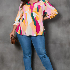 Plus Size Printed Collared Neck Half Button Top Trendsi