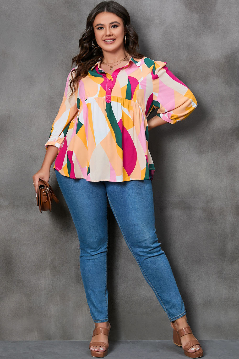 Plus Size Printed Collared Neck Half Button Top Trendsi