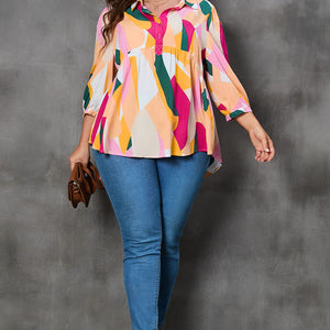 Plus Size Printed Collared Neck Half Button Top Trendsi