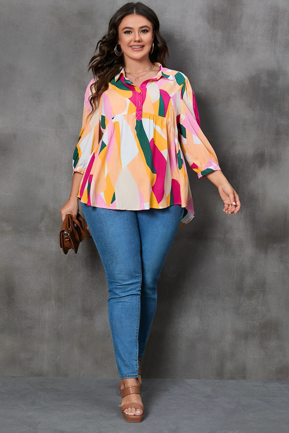 Plus Size Printed Collared Neck Half Button Top Trendsi