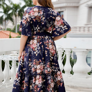 Plus Size Floral Surplice Neck Midi Dress Trendsi