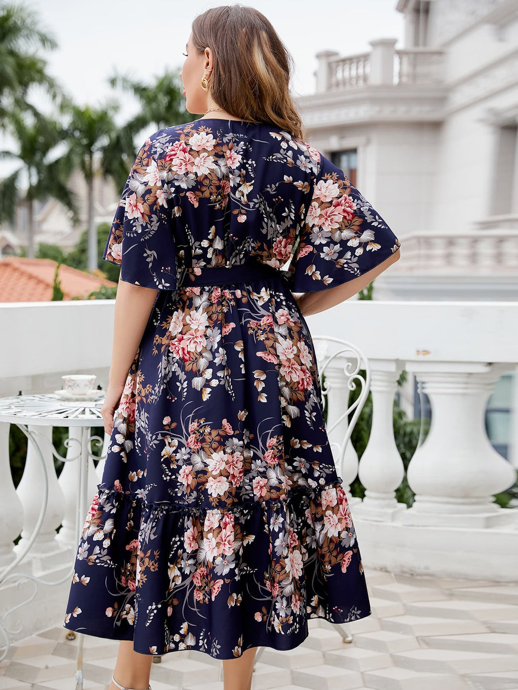 Plus Size Floral Surplice Neck Midi Dress Trendsi