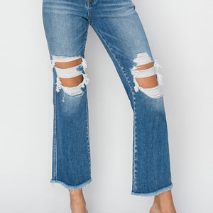 RISEN Mid Rise Distressed Cropped Flare Jeans Trendsi