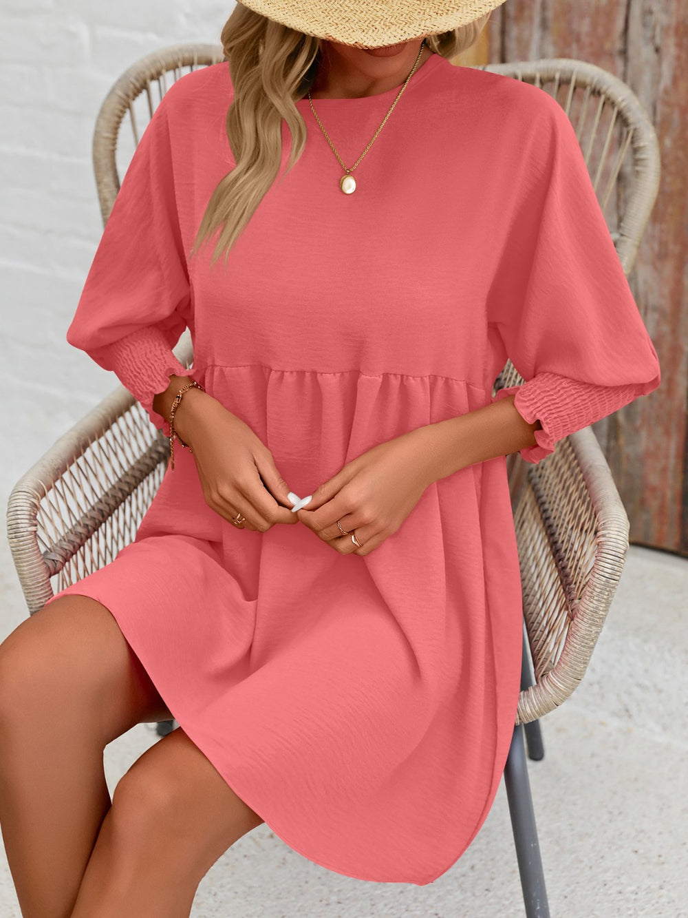 Round Neck Lantern Sleeve Mini Dress Trendsi