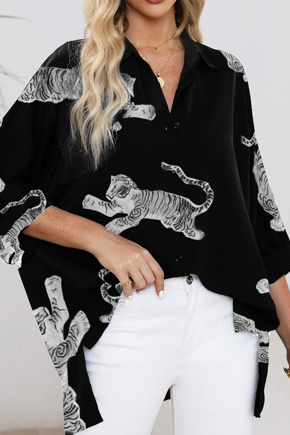 Tiger Pattern Button Up Long Sleeve Shirt Trendsi