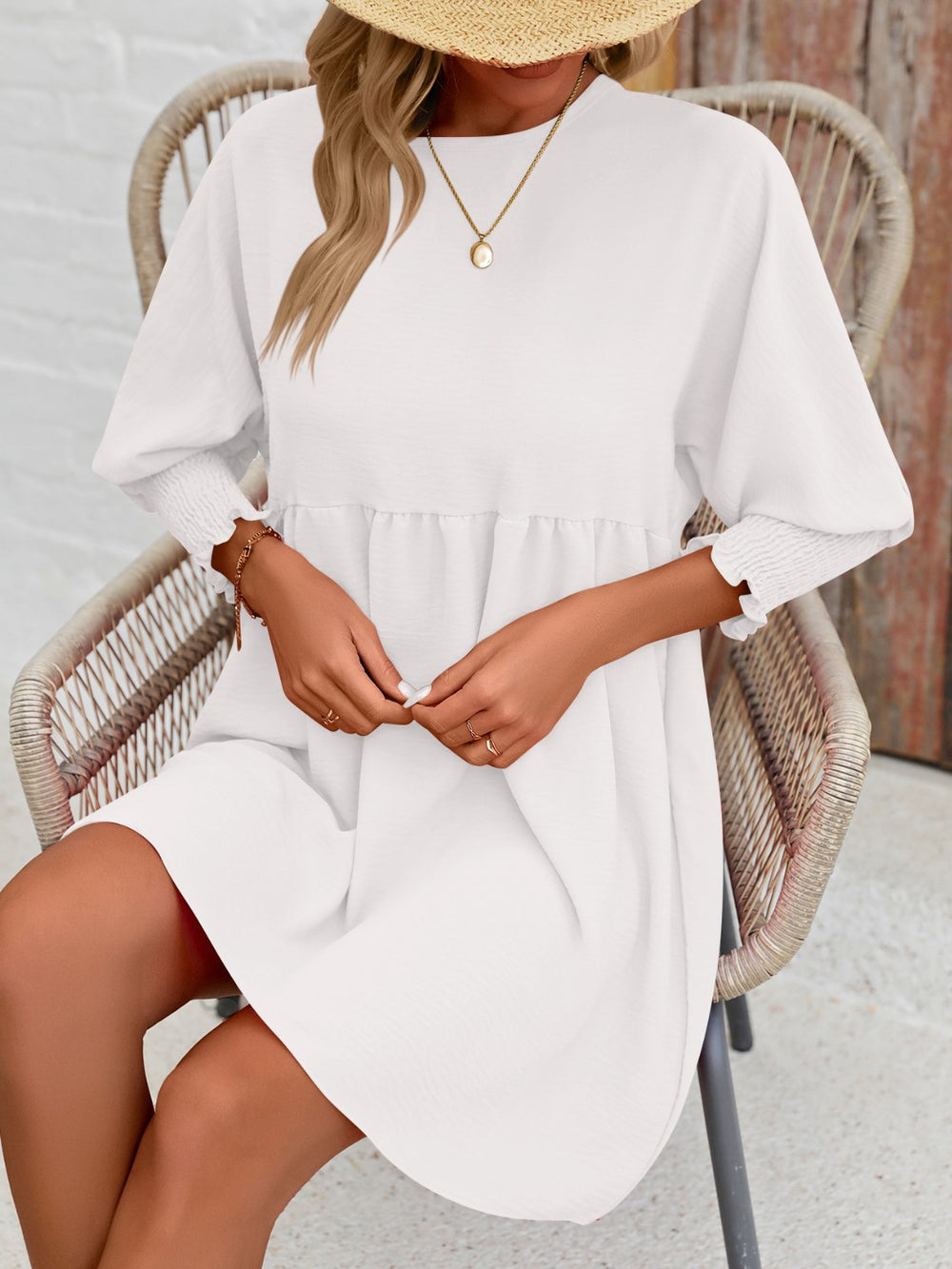 Round Neck Lantern Sleeve Mini Dress Trendsi