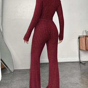 Ribbed Mock Neck Long Sleeve Top and Pants Set Trendsi