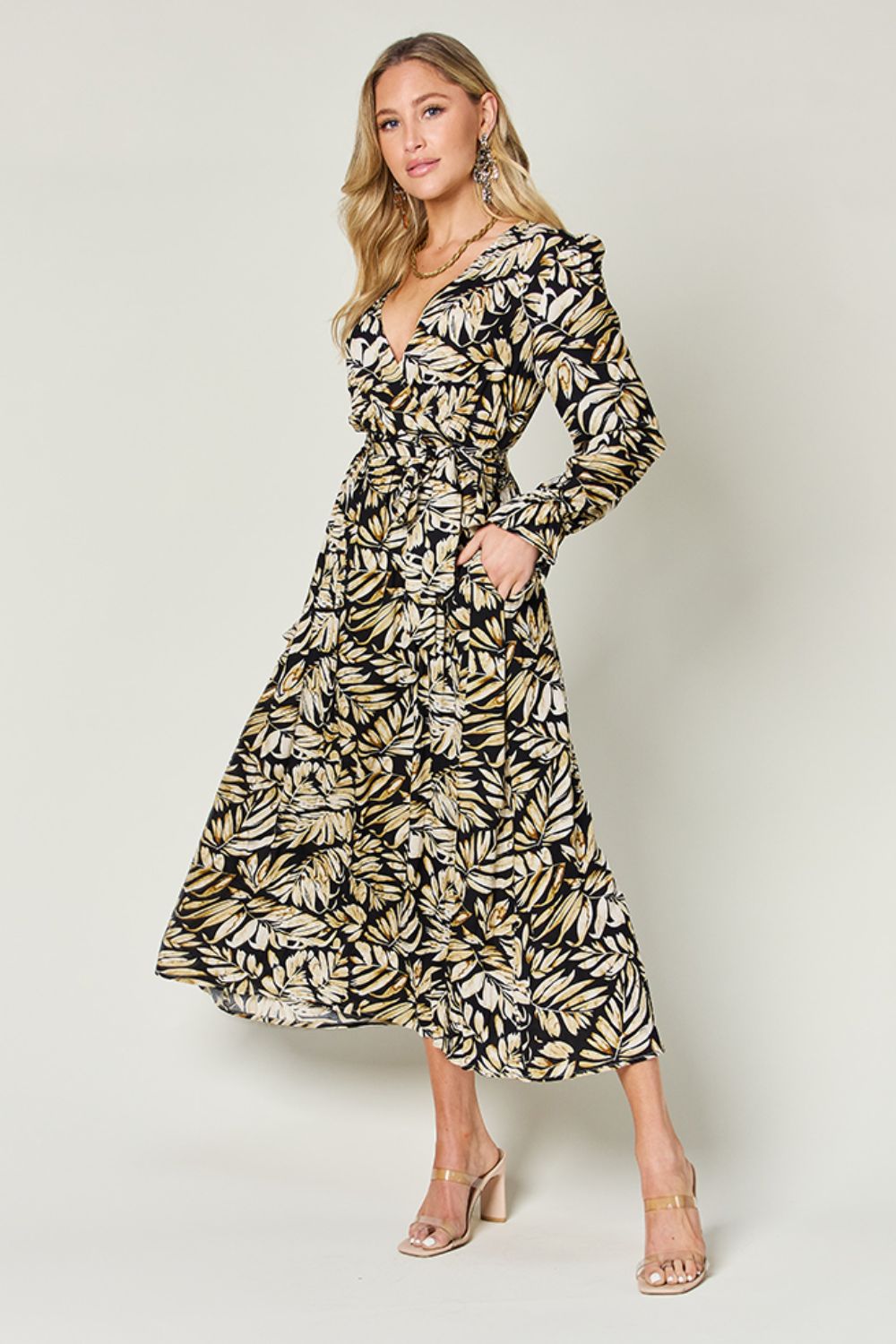 Double Take Full Size Tie Back Flounce Sleeve Dress Trendsi