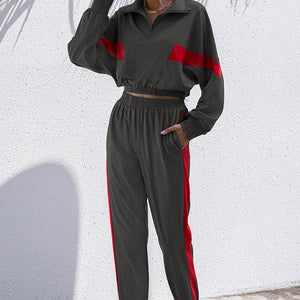 Turtle Neck Long Sleeve Zip-Up Top Long Pants Set Trendsi