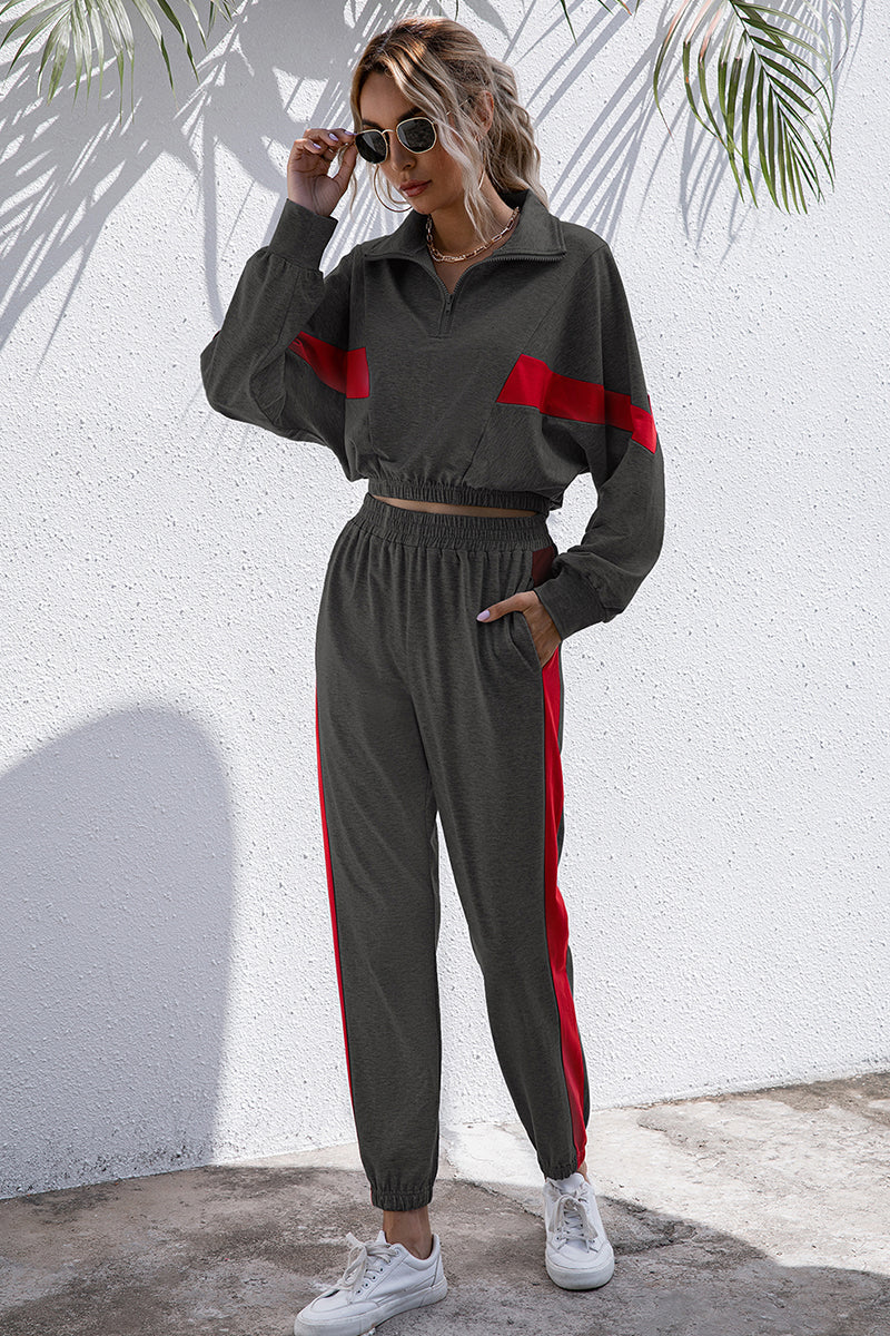 Turtle Neck Long Sleeve Zip-Up Top Long Pants Set Trendsi