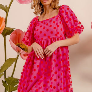 BiBi Polka Dot Mesh Puff Sleeve Dress Trendsi