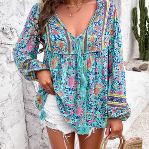 Printed Tie Neck Long Sleeve Blouse Trendsi