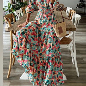 Tassel Printed Three-Quarter Sleeve Dress Trendsi