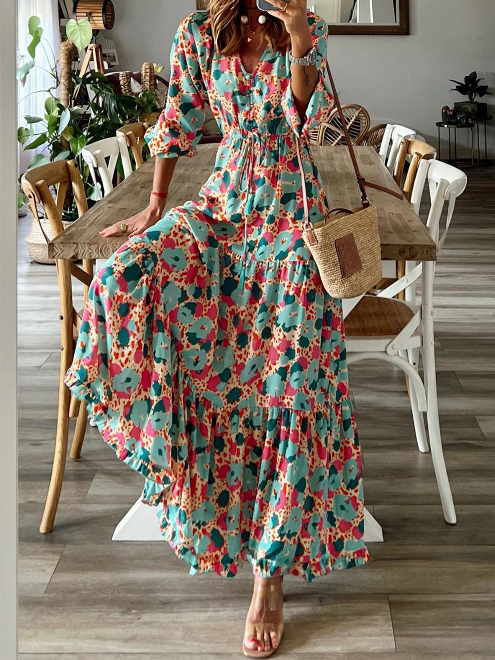 Tassel Printed Three-Quarter Sleeve Dress Trendsi