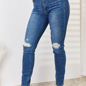 Judy Blue Full Size Mid Waist Distressed Slim Jeans Trendsi