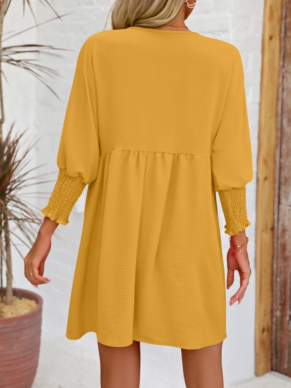 Round Neck Lantern Sleeve Mini Dress Trendsi