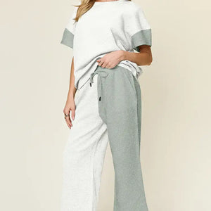 Double Take Full Size Texture Contrast T-Shirt and Wide Leg Pants Set Trendsi