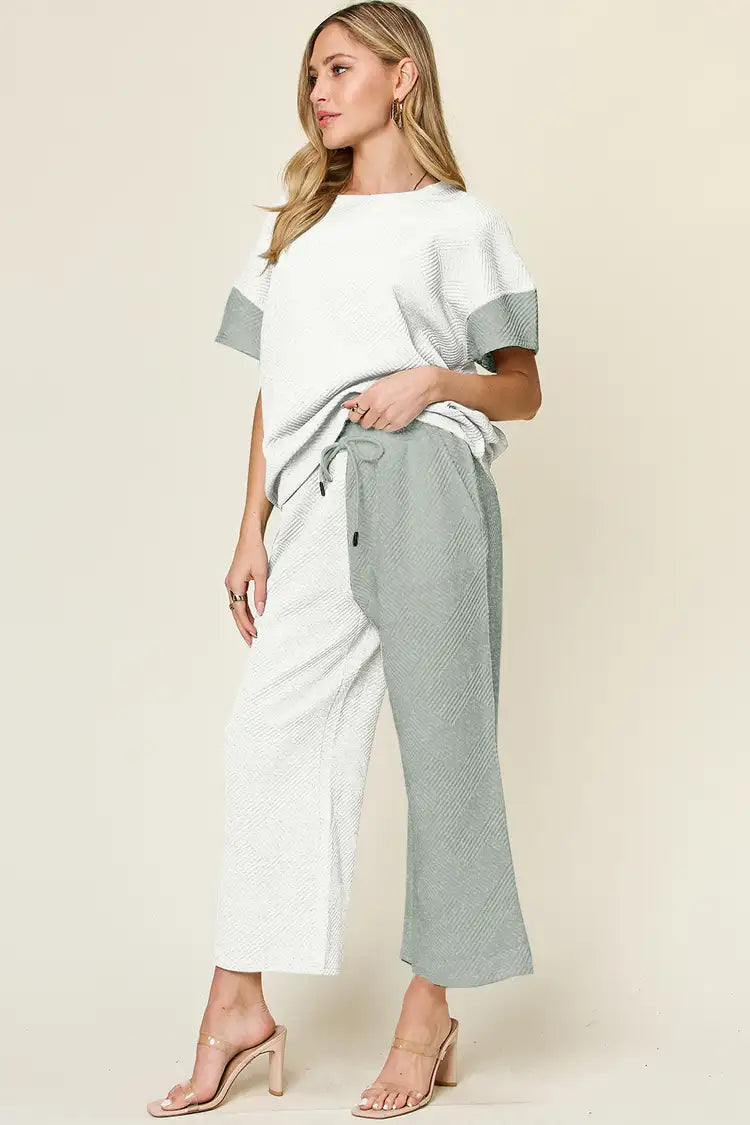 Double Take Full Size Texture Contrast T-Shirt and Wide Leg Pants Set Trendsi