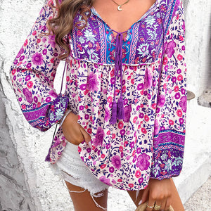 Printed Tie Neck Long Sleeve Blouse Trendsi