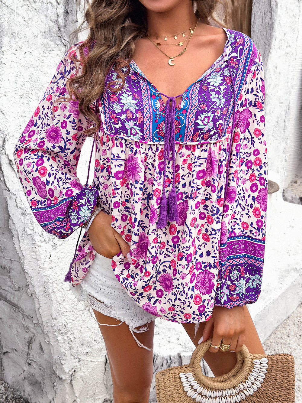 Printed Tie Neck Long Sleeve Blouse Trendsi