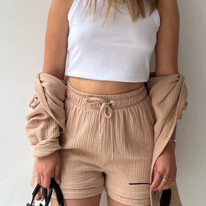 Texture Button Up Shirt and Drawstring Shorts Set Trendsi