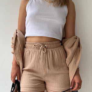 Texture Button Up Shirt and Drawstring Shorts Set Trendsi