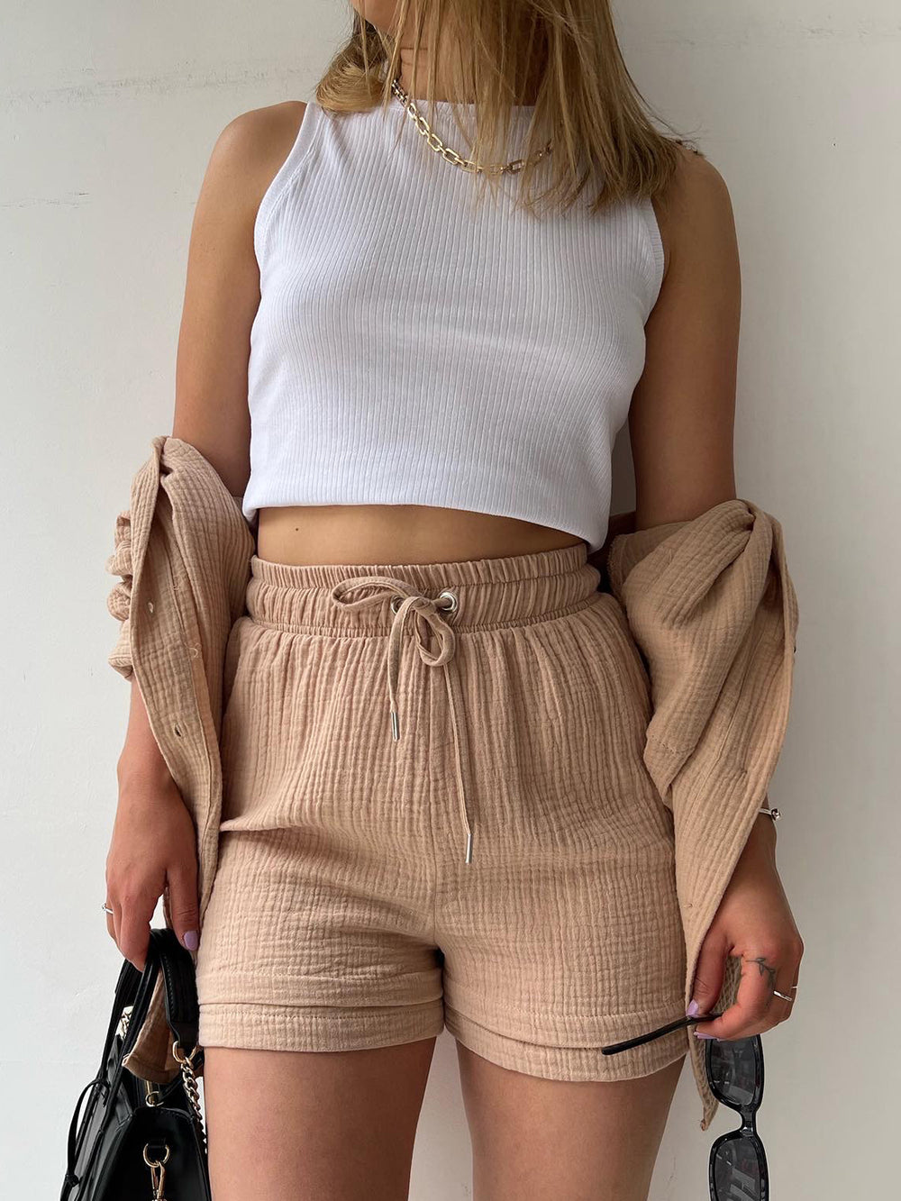 Texture Button Up Shirt and Drawstring Shorts Set Trendsi