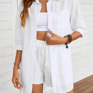 Dropped Shoulder Button Up Shirt and Shorts Set Trendsi