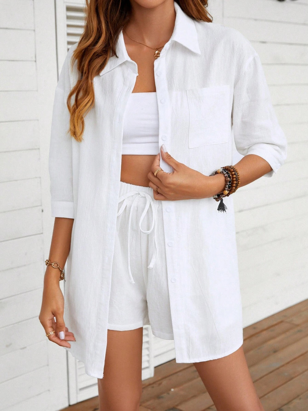 Dropped Shoulder Button Up Shirt and Shorts Set Trendsi