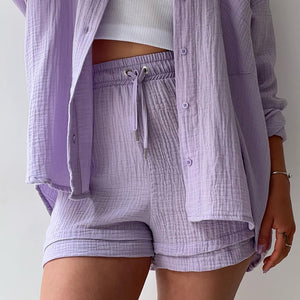 Texture Button Up Shirt and Drawstring Shorts Set Trendsi