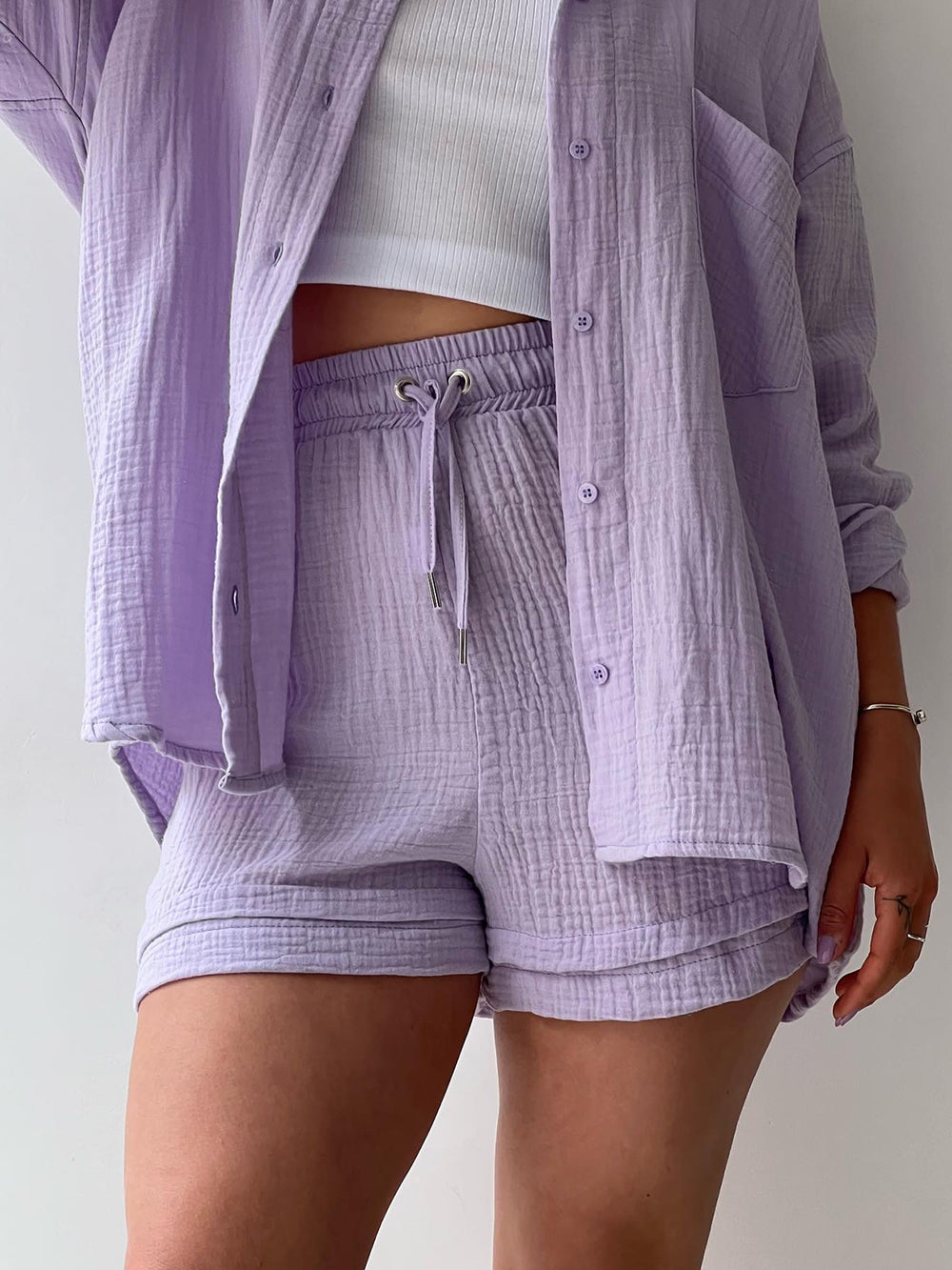 Texture Button Up Shirt and Drawstring Shorts Set Trendsi