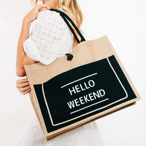 Fame Hello Weekend Burlap Tote Bag Trendsi