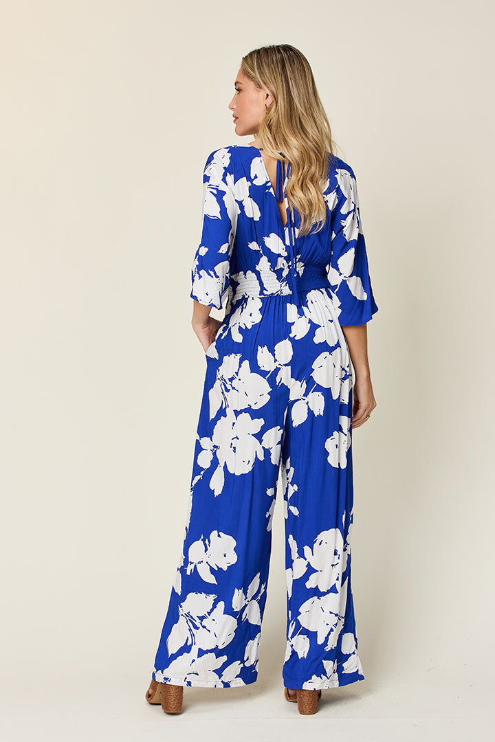 Double Take Full Size Printed Tie Back Wide Leg Jumpsuit Trendsi