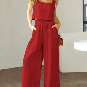 Square Neck Top and Wide Leg Pants Set Trendsi