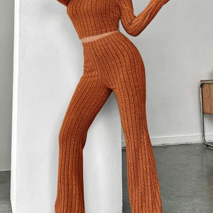 Ribbed Mock Neck Long Sleeve Top and Pants Set Trendsi