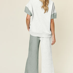 Double Take Full Size Texture Contrast T-Shirt and Wide Leg Pants Set Trendsi