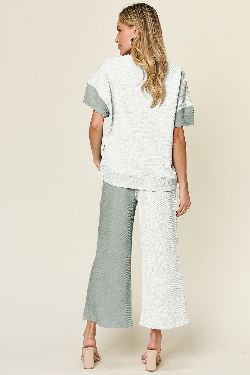 Double Take Full Size Texture Contrast T-Shirt and Wide Leg Pants Set Trendsi