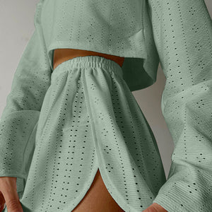 Eyelet Round Neck Top and Shorts Set Trendsi