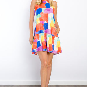 Be Stage Abstract Print Ruffle Hem Mini Dress with Pockets Trendsi