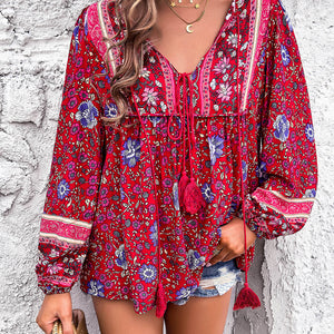 Printed Tie Neck Long Sleeve Blouse Trendsi