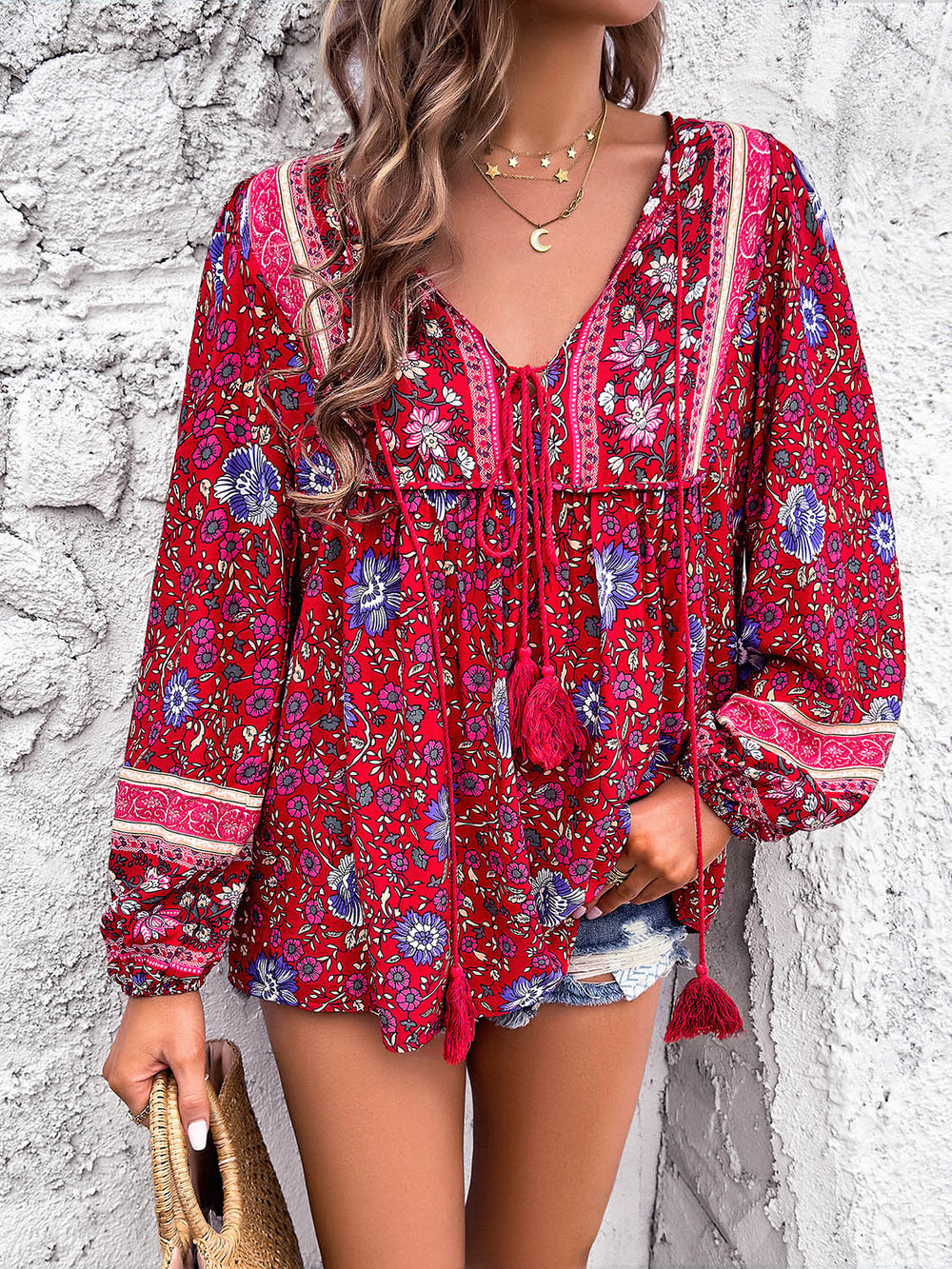 Printed Tie Neck Long Sleeve Blouse Trendsi