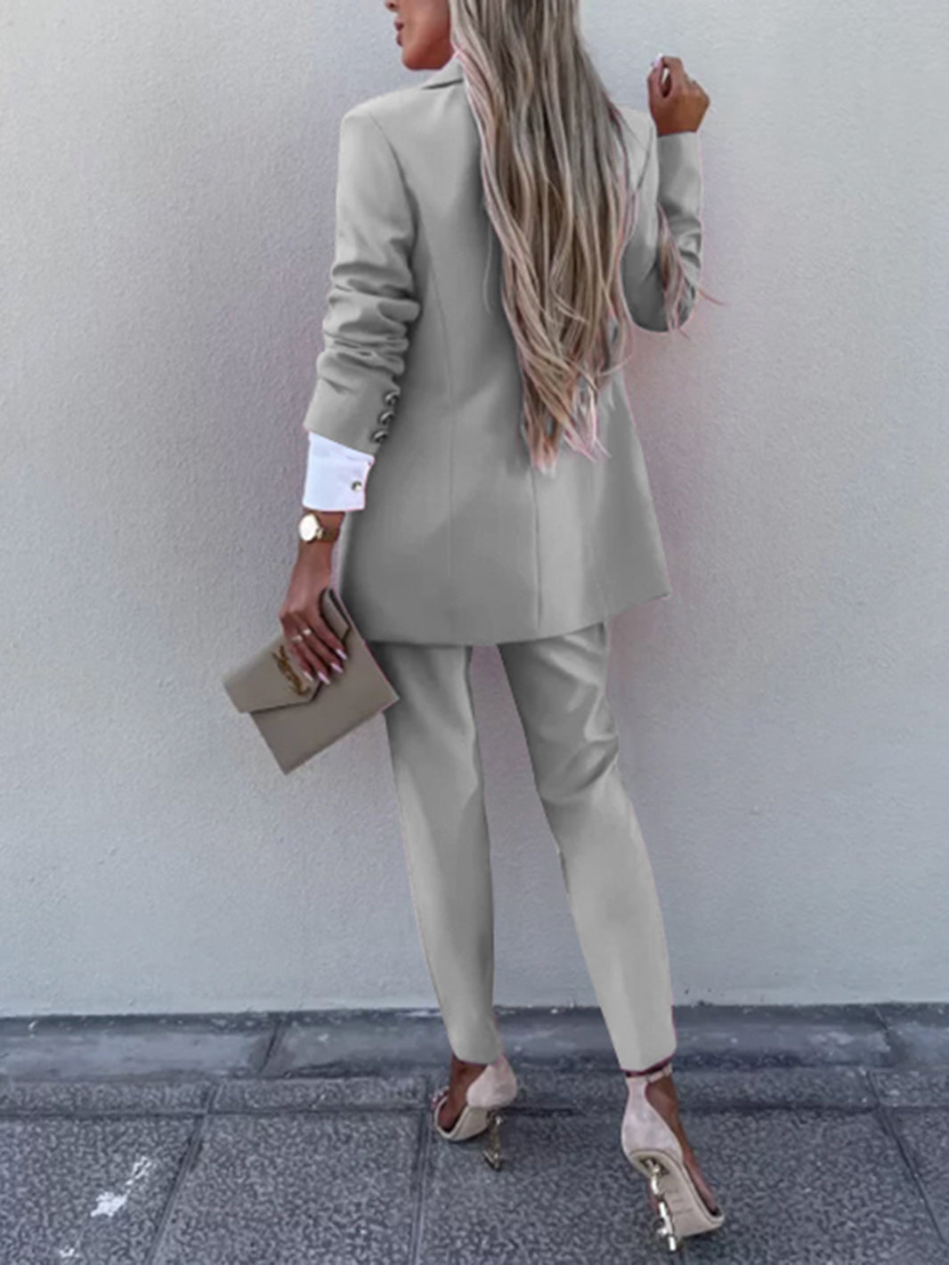 Lapel Collar Long Sleeve Blazer and Pants Set Trendsi