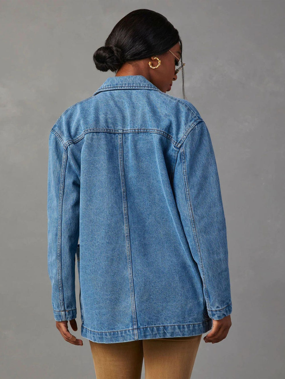 Collared Neck Long Sleeve Denim Jacket Trendsi