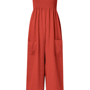 Smocked Spaghetti Strap Wide Leg Jumpsuit Trendsi