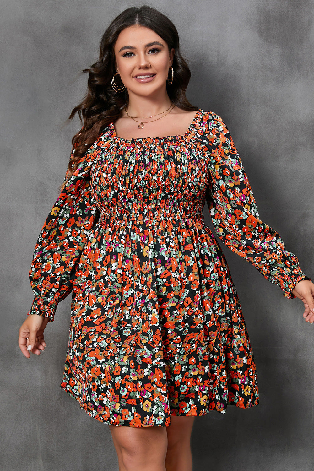 Plus Size Floral Square Neck Smocked Mini Dress Trendsi