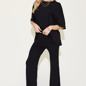 Basic Bae Full Size Bamboo Drop Shoulder T-Shirt and Flare Pants Set Trendsi