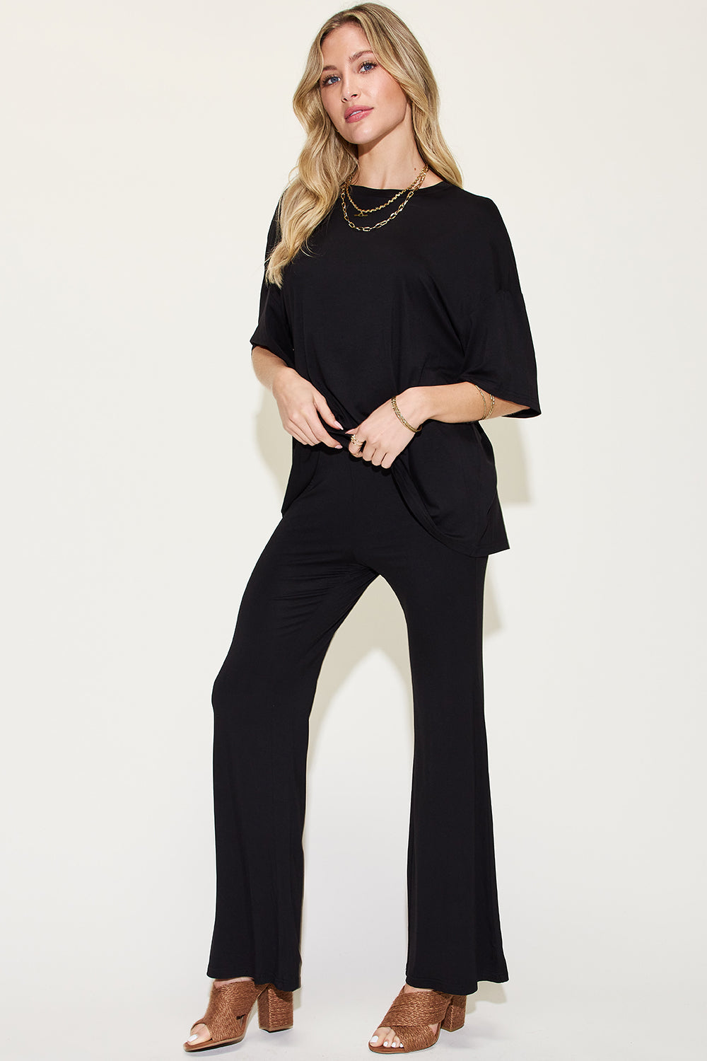 Basic Bae Full Size Bamboo Drop Shoulder T-Shirt and Flare Pants Set Trendsi